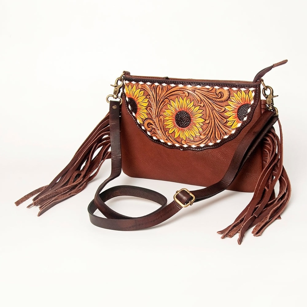 American Darling Tooled Leather Crossbody with Fringe Western Brown Shoulder Bag